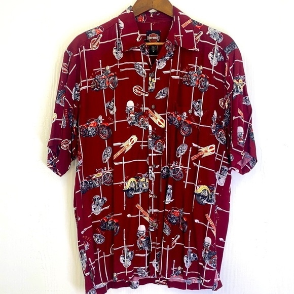 Harley Davidson - Dark Red Motorcycle Pattern Button Up Short Sleeve Shirt Med - Picture 1 of 10